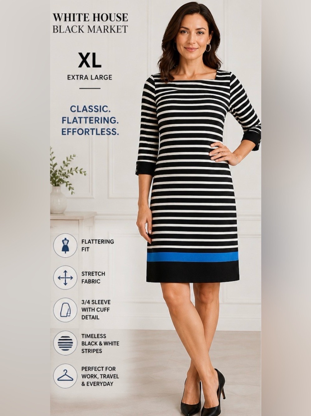 White House Black Market Striped Dress XL Black White Blue  Stretch 3/4 Sleeve